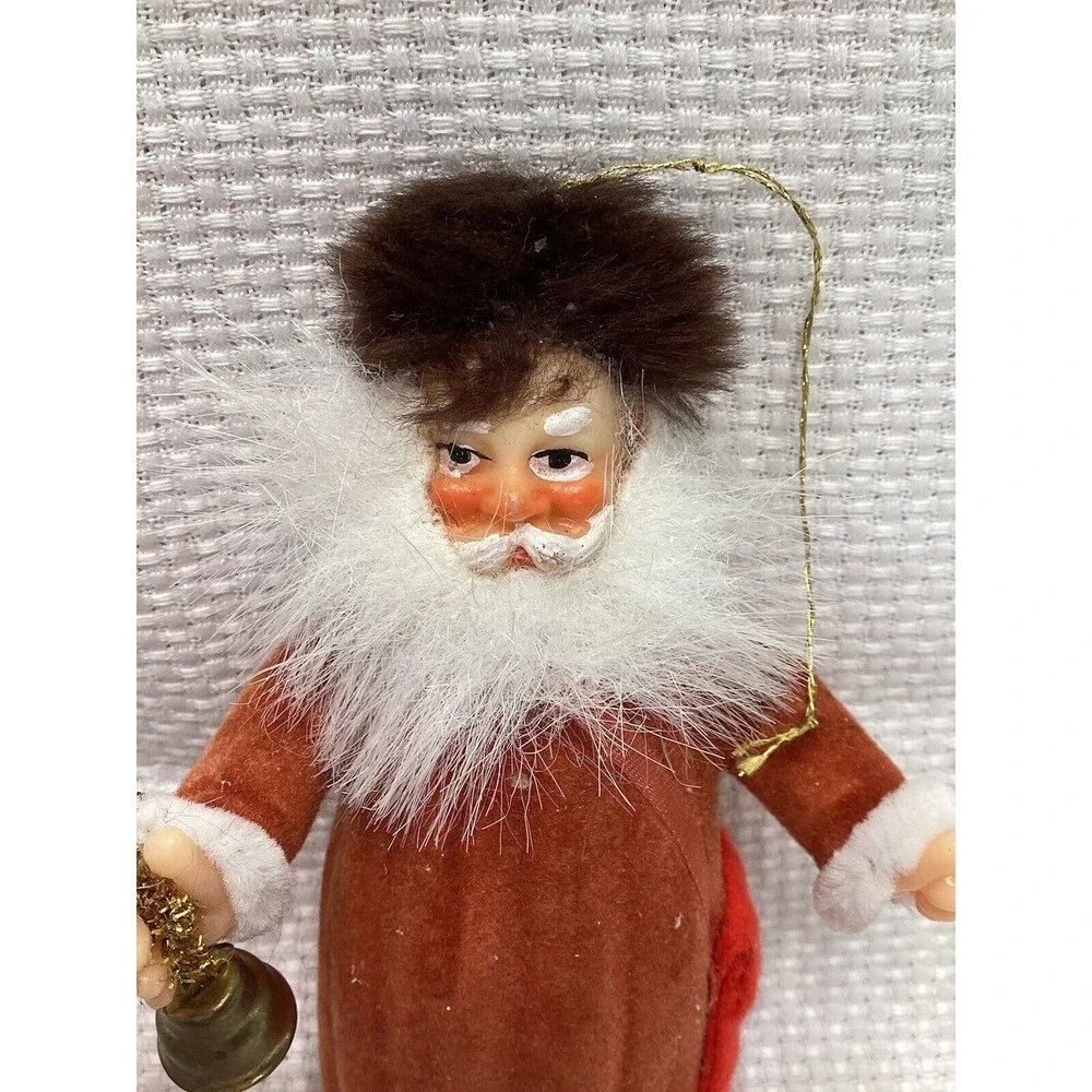 Flocked Plastic Old World Santa Christmas Ornament With Fur Hat & Bell 5”